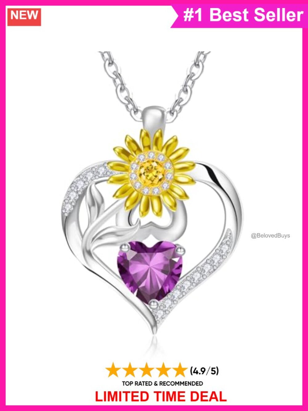 925 Sterling Silver Sunflower Heart Pendant Necklace Rhodium Plated